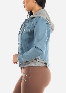 Super Stretch Hooded Button Up Light Denim Jacket sold by Moda
