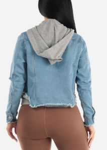 Super Stretch Hooded Button Up Light Denim Jacket sold by Moda