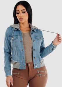 Super Stretch Hooded Button Up Light Denim Jacket sold by Moda