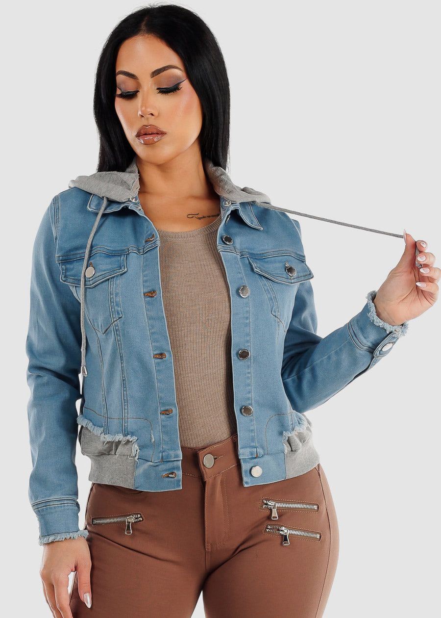 Super Stretch Hooded Button Up Light Denim Jacket sold by Moda