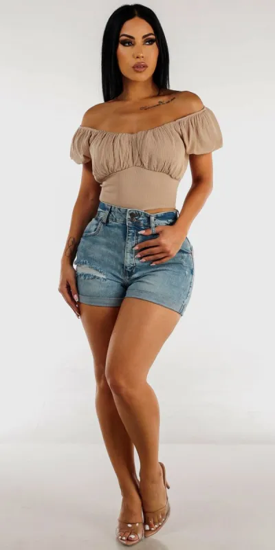 Ripped High Waist Cuffed Denim Shorts with Beige Off Shoulder Crop Top made by Moda