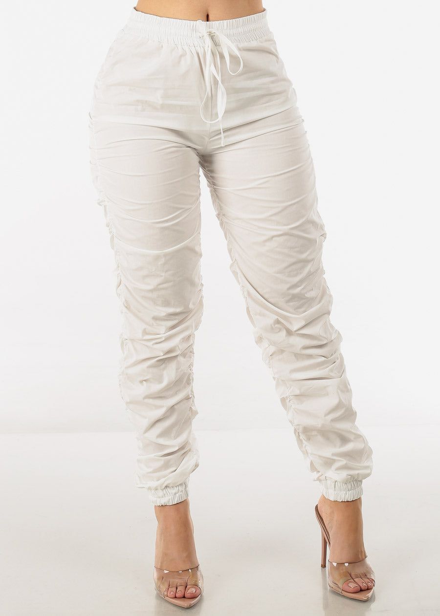 Drawstring Waist Ruched Jogger Pants Off White sold by Moda