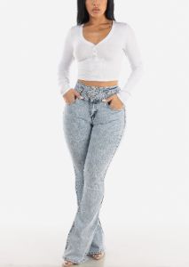 White Long Sleeve Ribbed Crop Top w Snap Button Neckline sold by Moda