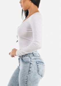 White Long Sleeve Ribbed Crop Top w Snap Button Neckline sold by Moda