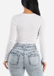 White Long Sleeve Ribbed Crop Top w Snap Button Neckline sold by Moda