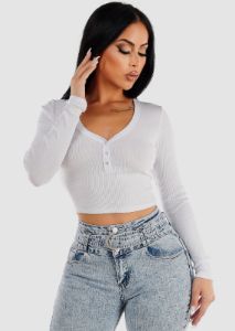 White Long Sleeve Ribbed Crop Top w Snap Button Neckline sold by Moda