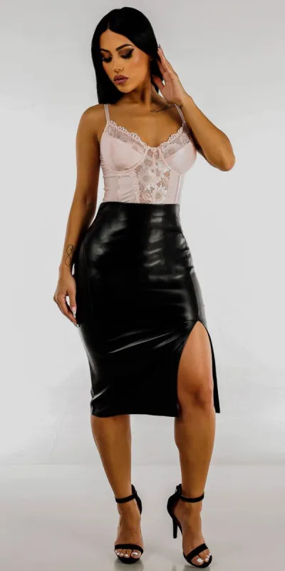 Faux Leather Black Pencil Skirt with Light Pink Lace Cami Thong Bodysuit sold by Moda