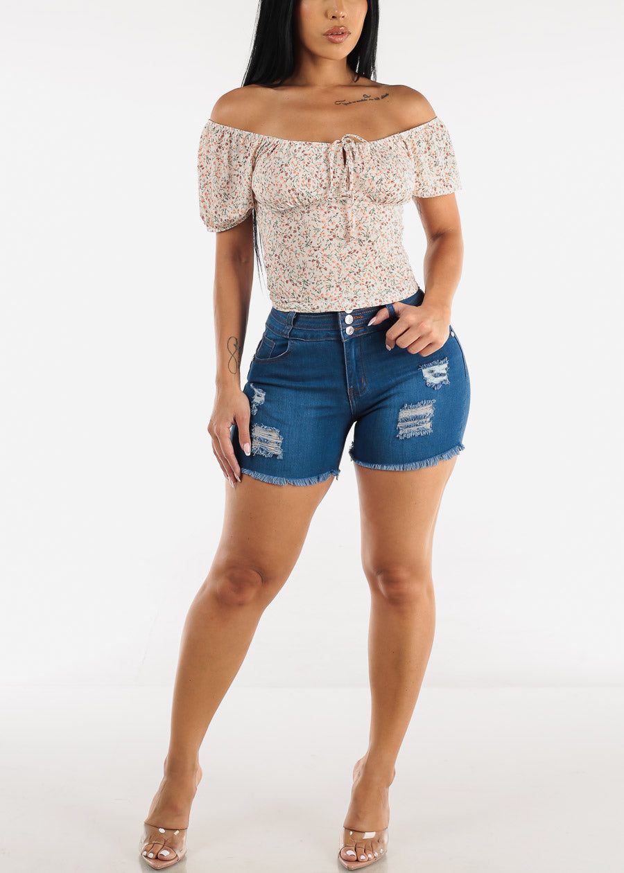 Short Puff Sleeve Off Shoulder Floral Crop Top White sold by Moda product image thumbnail 2