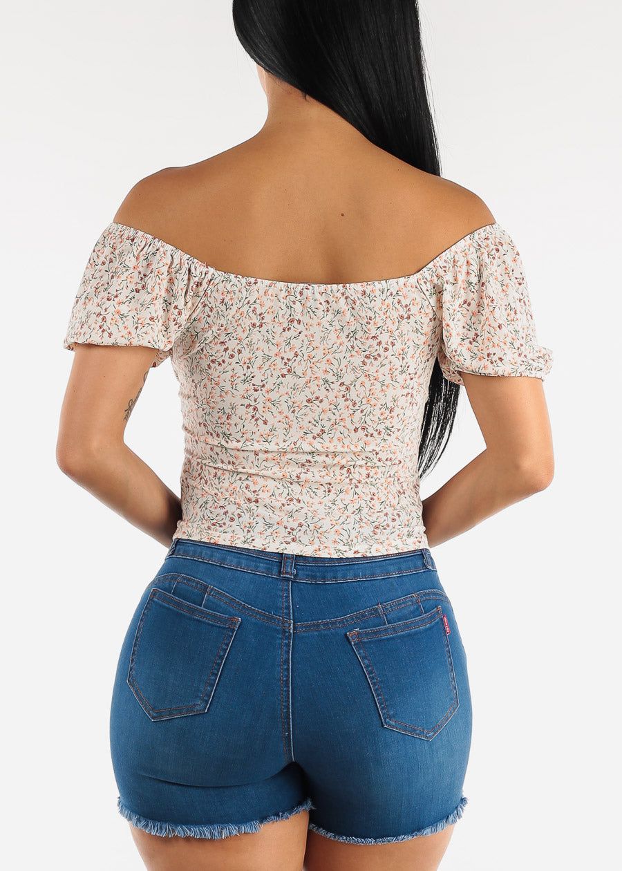 Short Puff Sleeve Off Shoulder Floral Crop Top White sold by Moda product image thumbnail 4