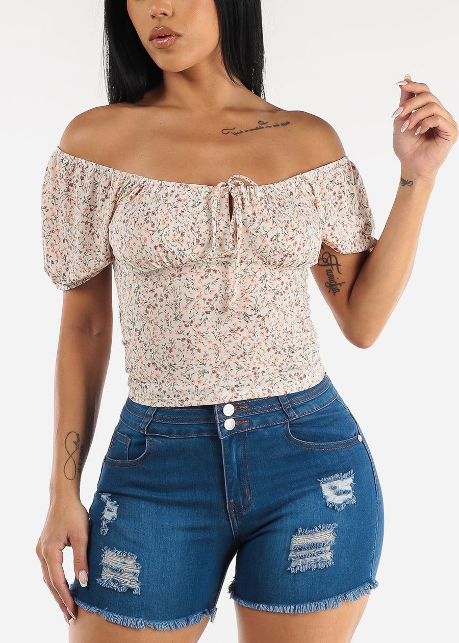 Short Puff Sleeve Off Shoulder Floral Crop Top White sold by Moda