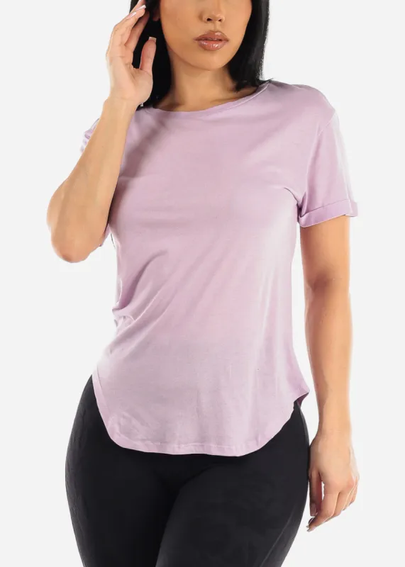Cuffed Short Sleeve Round Hem Oversized Top Lilac sold by Moda