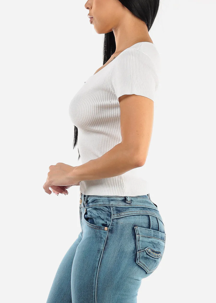 Short Sleeve Ribbed Henley Top White sold by Moda product image thumbnail 3