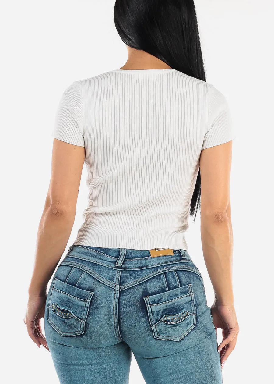 Short Sleeve Ribbed Henley Top White sold by Moda product image thumbnail 4