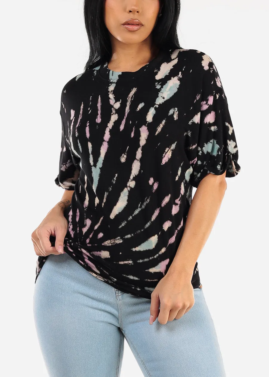 Cuffed Short Sleeve Tie Dye Top Black sold by Moda