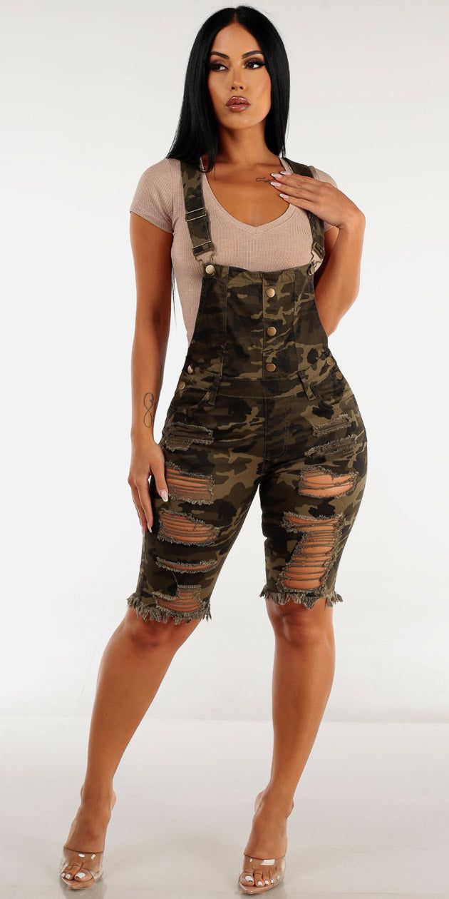 Ripped Camo Bermuda Overalls with Short Sleeve Vneck Crop Top Mocha sold by Moda