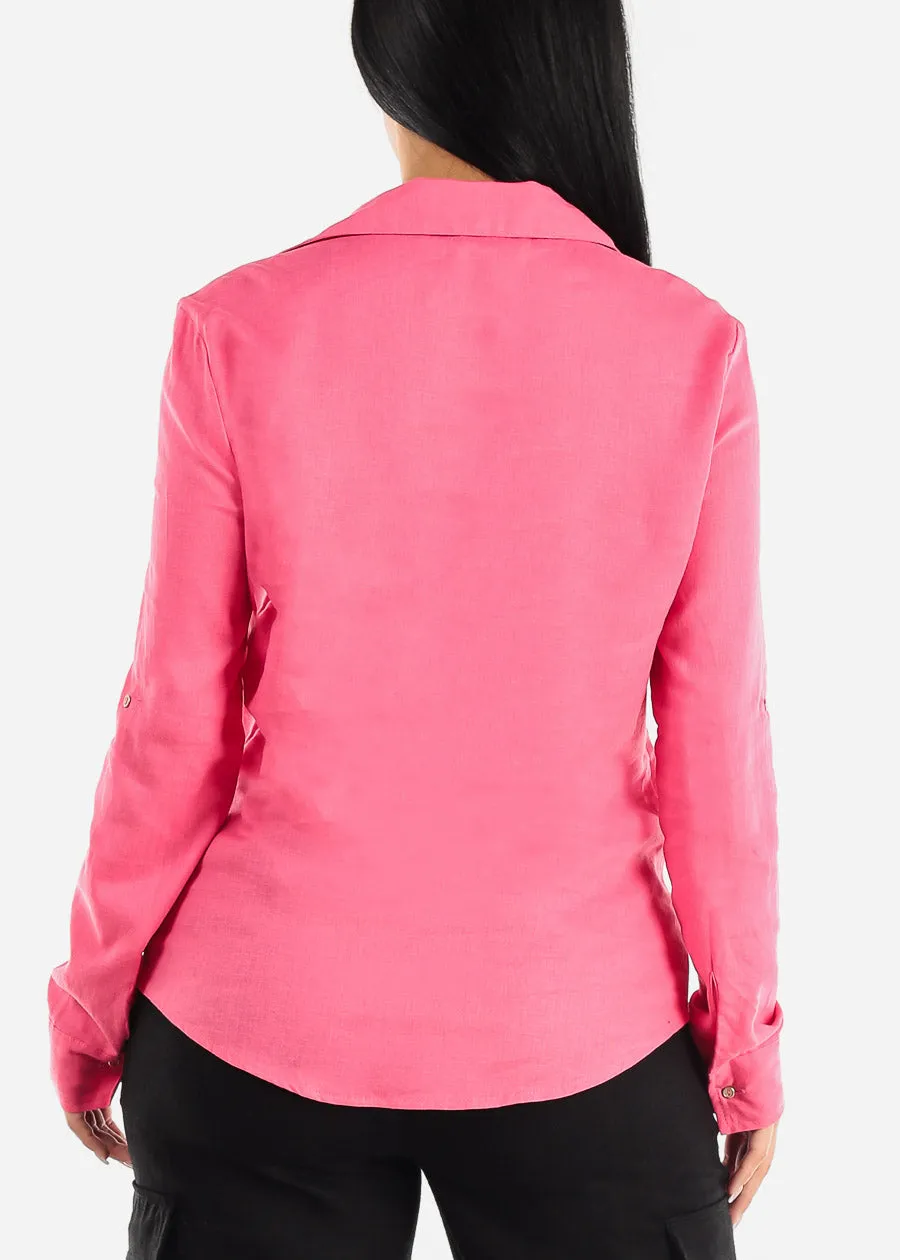 Linen Long Sleeve Half Button Up Shirt Hot Pink sold by Moda product image thumbnail 4