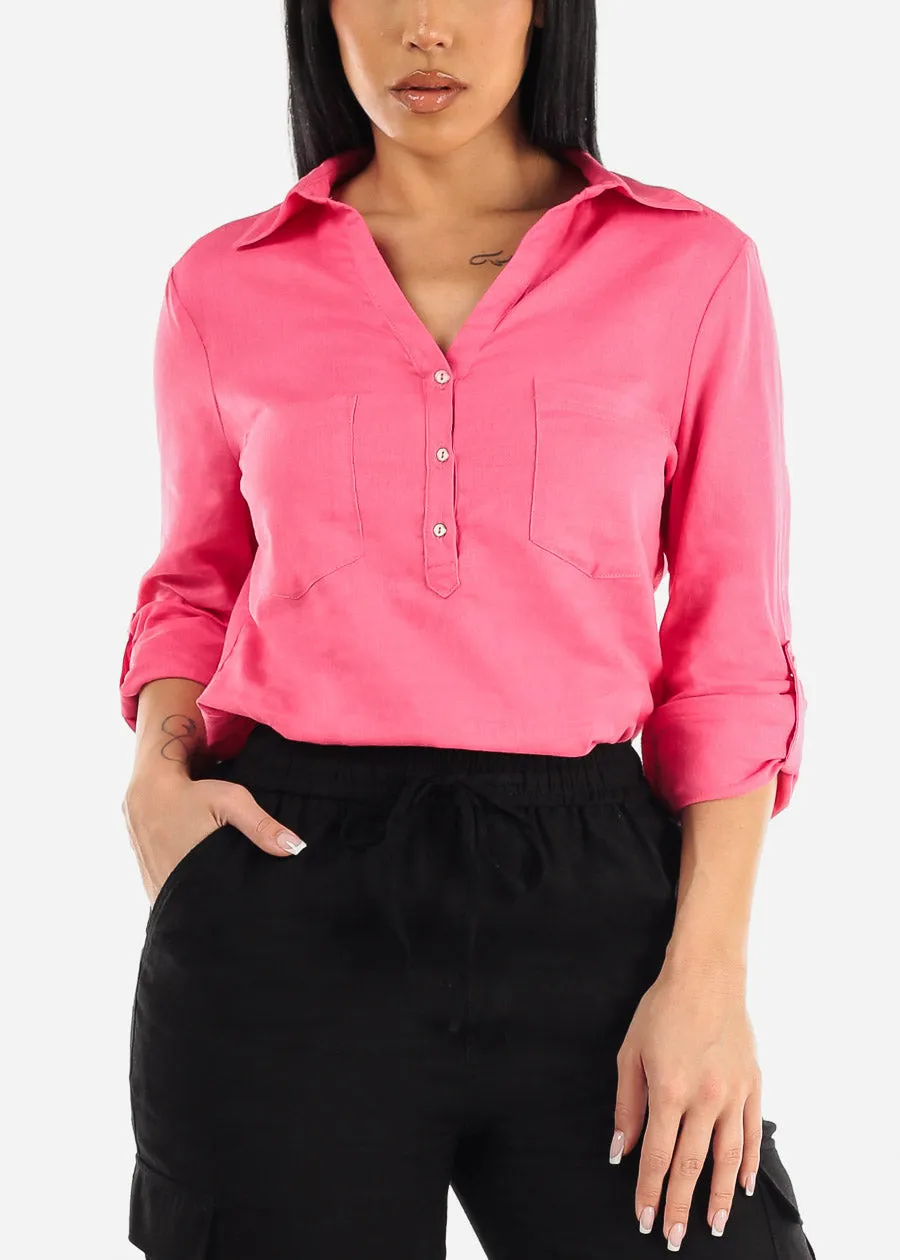 Linen Long Sleeve Half Button Up Shirt Hot Pink sold by Moda