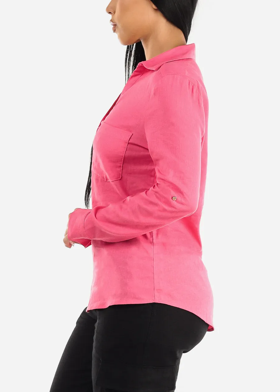 Linen Long Sleeve Half Button Up Shirt Hot Pink sold by Moda product image thumbnail 3