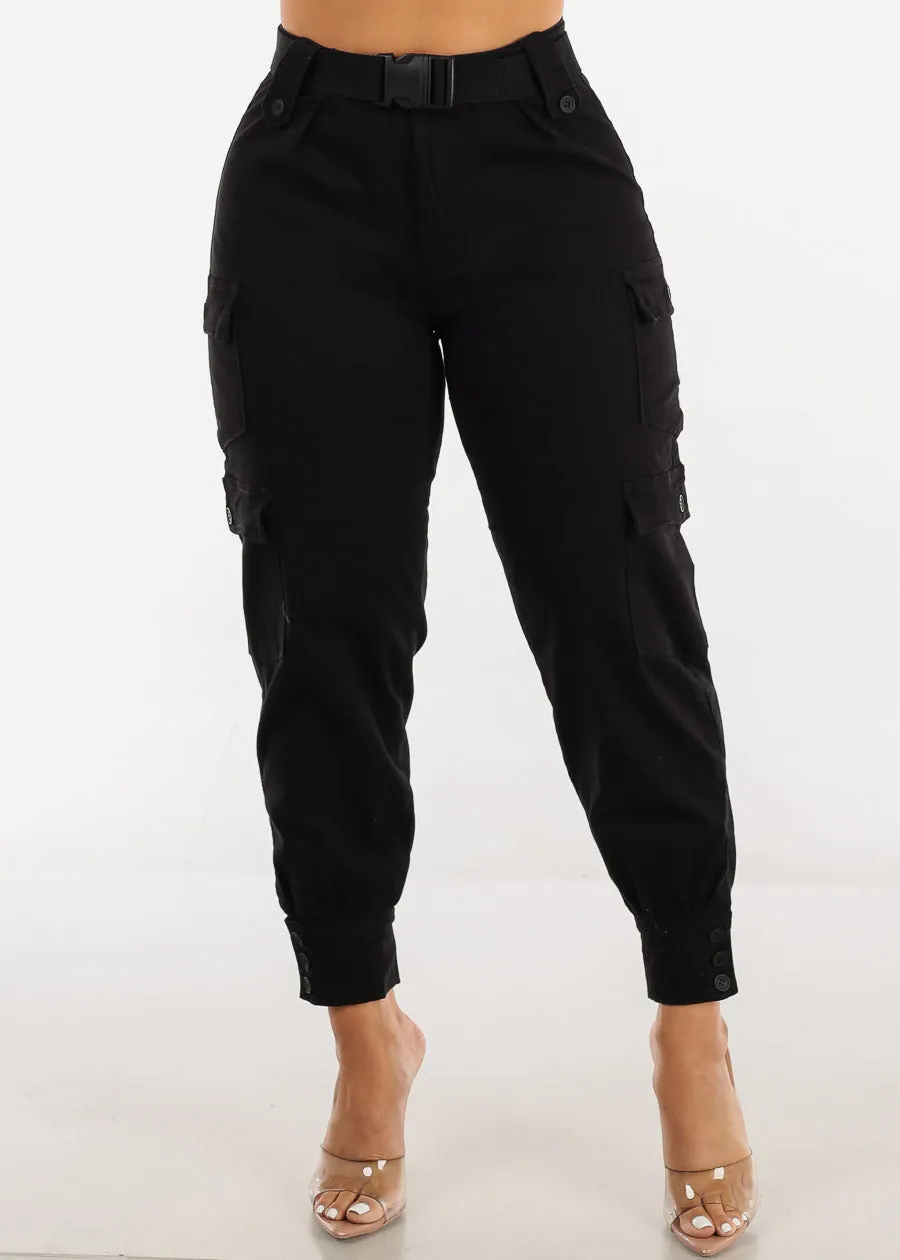 Black High Waist Cargo Jogger Pants w Belt sold by Moda