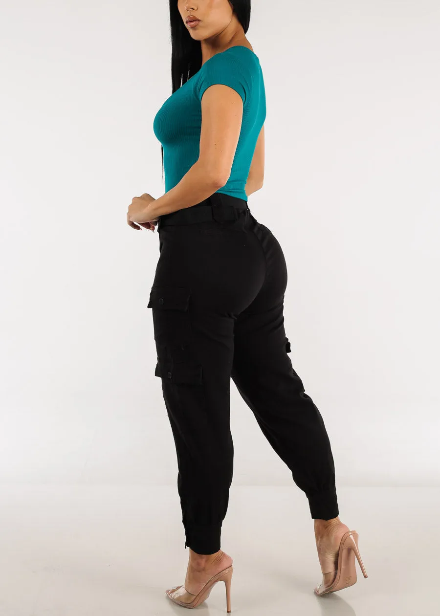 Black High Waist Cargo Jogger Pants w Belt sold by Moda product image thumbnail 5