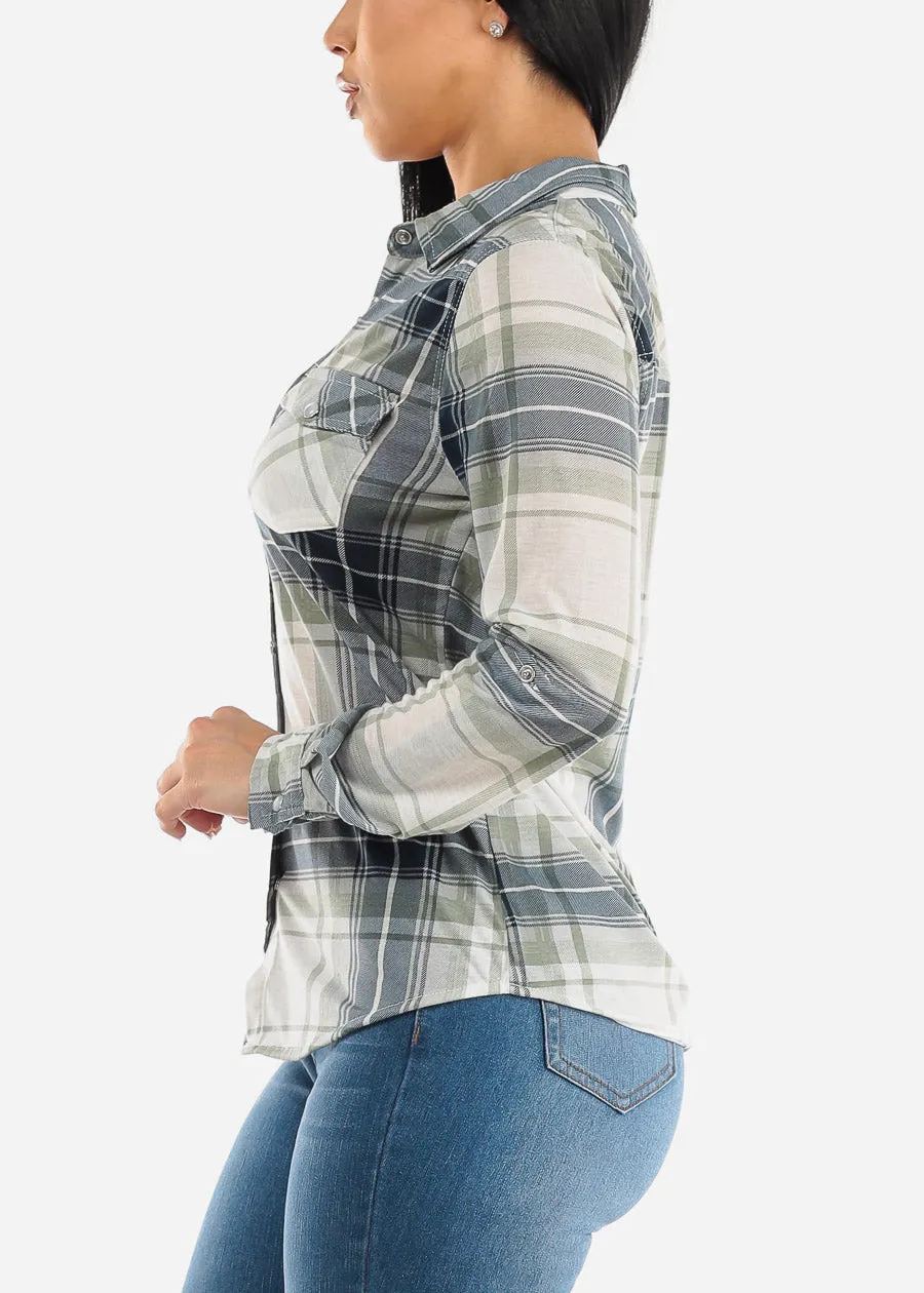 Long Sleeve Snap Button Plaid Shirt Sage & Ivory sold by Moda product image thumbnail 3