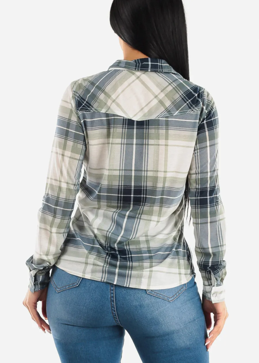 Long Sleeve Snap Button Plaid Shirt Sage & Ivory sold by Moda product image thumbnail 4