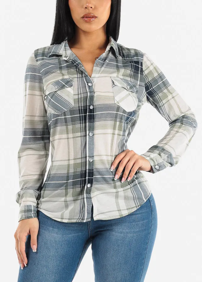 Long Sleeve Snap Button Plaid Shirt Sage & Ivory sold by Moda