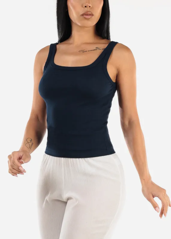 Sleeveless Scoop Neck Ribbed Tank Top Navy sold by Moda