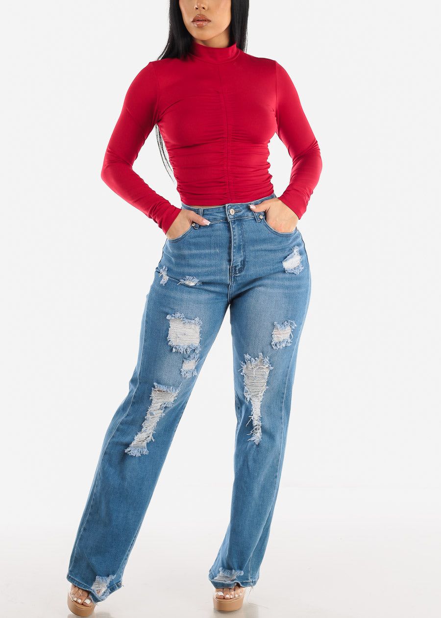 Long Sleeve Front Ruched Mock Neck Top Red sold by Moda product image thumbnail 2