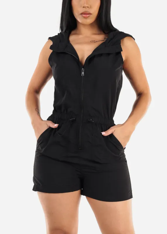 Black Sleeveless Windbreaker Hooded Romper sold by Moda