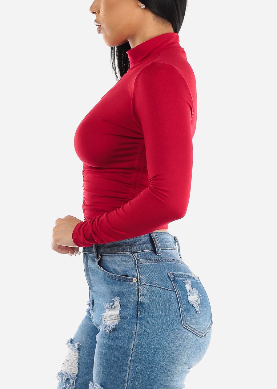 Long Sleeve Front Ruched Mock Neck Top Red sold by Moda product image thumbnail 3