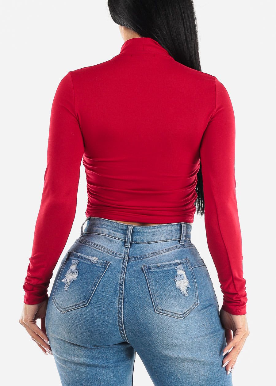 Long Sleeve Front Ruched Mock Neck Top Red sold by Moda product image thumbnail 4