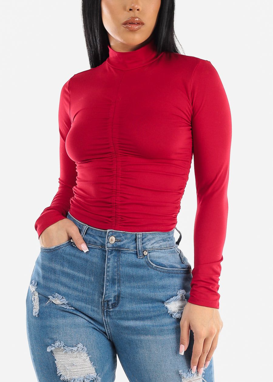Long Sleeve Front Ruched Mock Neck Top Red sold by Moda