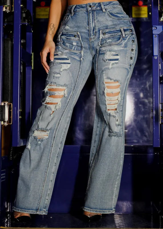 High Waisted Distressed Wide Leg Straight Jeans sold by Moda
