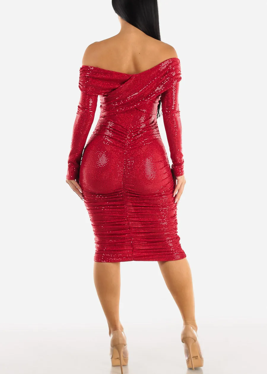 Sexy Red Sequin Long Sleeve Off Shoulder Ruched Midi Dress sold by Moda product image thumbnail 3