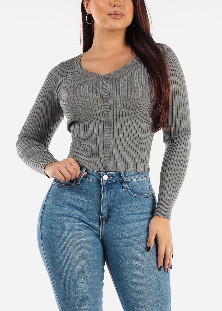Vneck Long Sleeve Sweater Top Grey sold by Moda