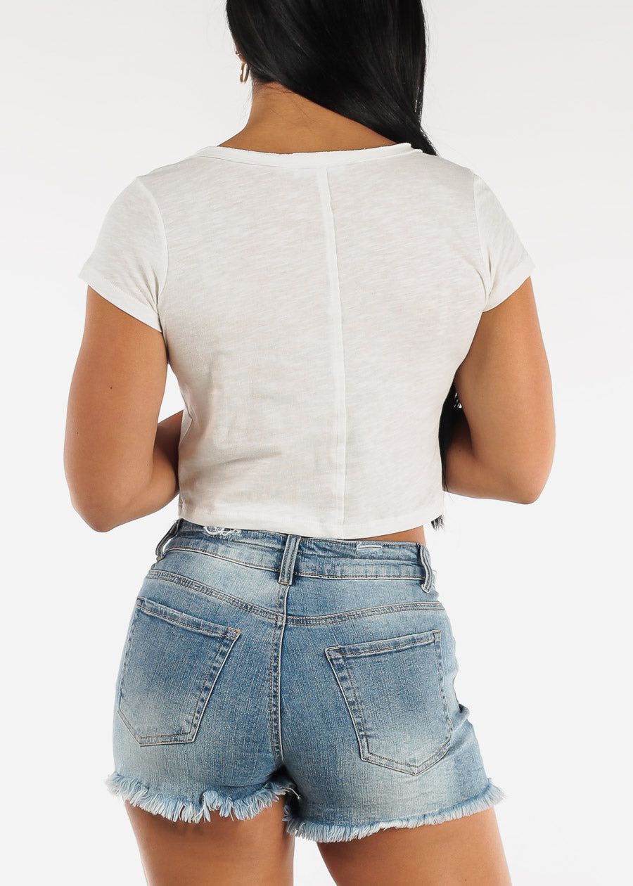 White Short Sleeve Vneck Cropped Cotton Tee sold by Moda product image thumbnail 4