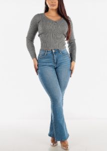 Vneck Long Sleeve Sweater Top Grey sold by Moda