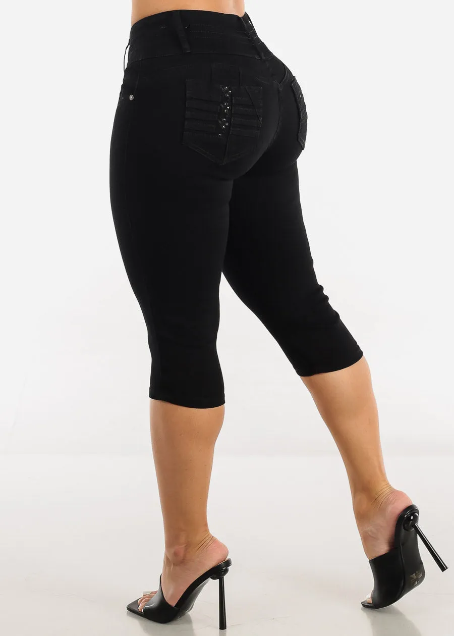 Mid Rise Butt Lifting Black Denim Capris sold by Moda