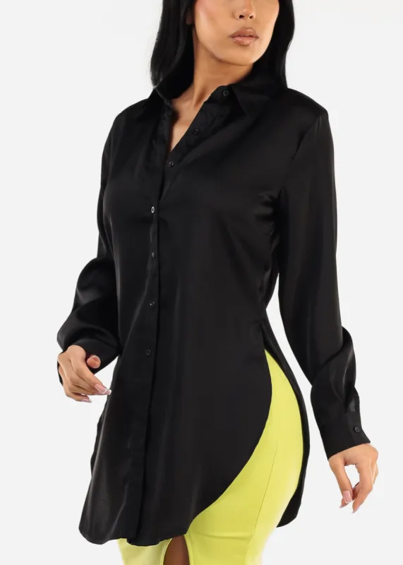 Long Sleeve Black Satin Button Down Tunic Blouse sold by Moda