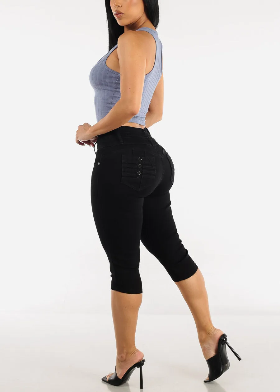 Mid Rise Butt Lifting Black Denim Capris sold by Moda product image thumbnail 5
