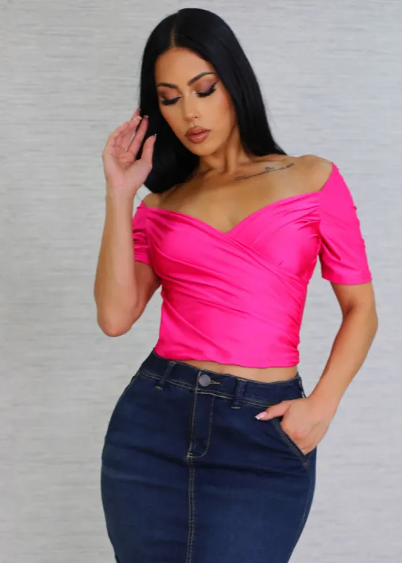 Short Sleeve Surplice Crop Top Fuschia sold by Moda