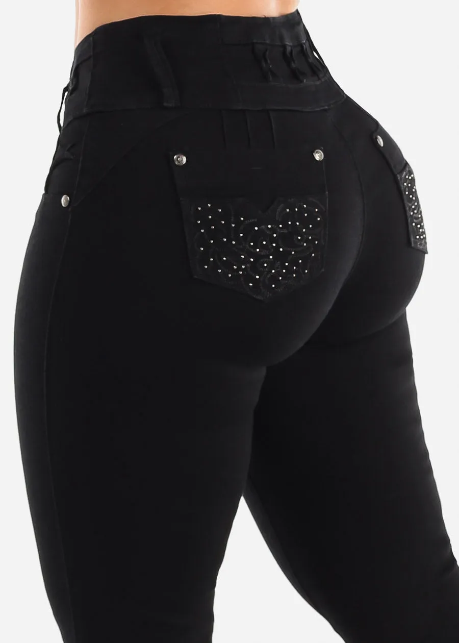 MX JEANS Butt Lifting Black Skinny Jeans w Rhinestone Pockets sold by Moda
