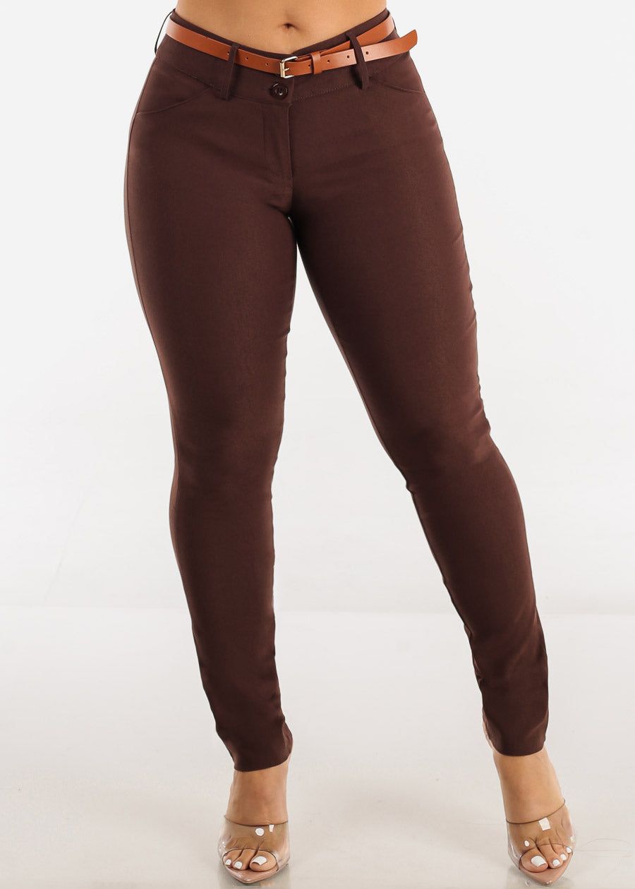 Brown Mid Rise Slim Straight Dressy Pants w Belt sold by Moda