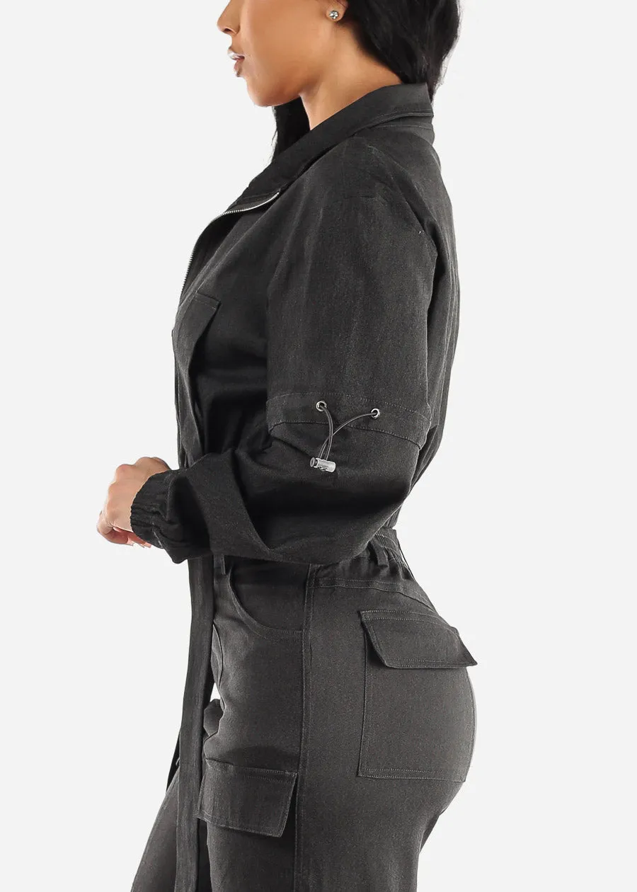 Black Long Sleeve Zip Up Crop Cargo Jacket sold by Moda product image thumbnail 3