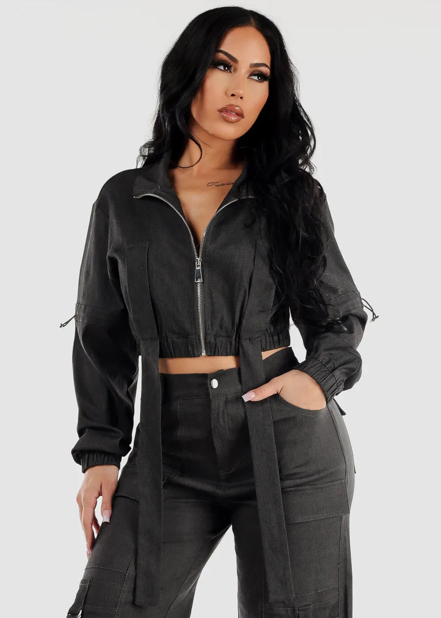 Black Long Sleeve Zip Up Crop Cargo Jacket sold by Moda