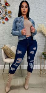 Butt Lifting Ripped Dark Skinny Jeans Beige Long Sleeve Ribbed Top and Button Up Long Sleeve Denim Jacket sold by Moda