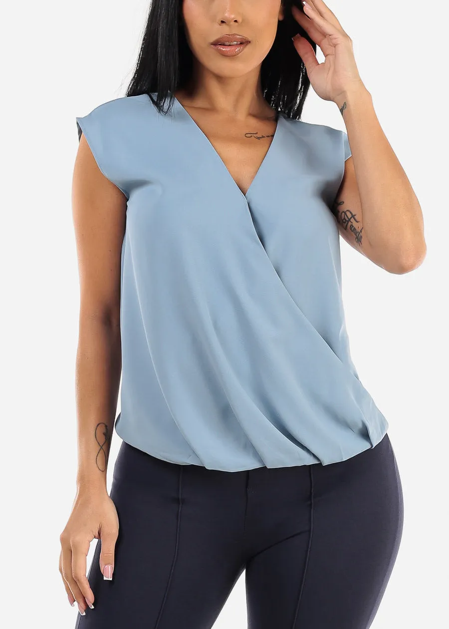 Sleeveless Surplice Blouse Blue sold by Moda