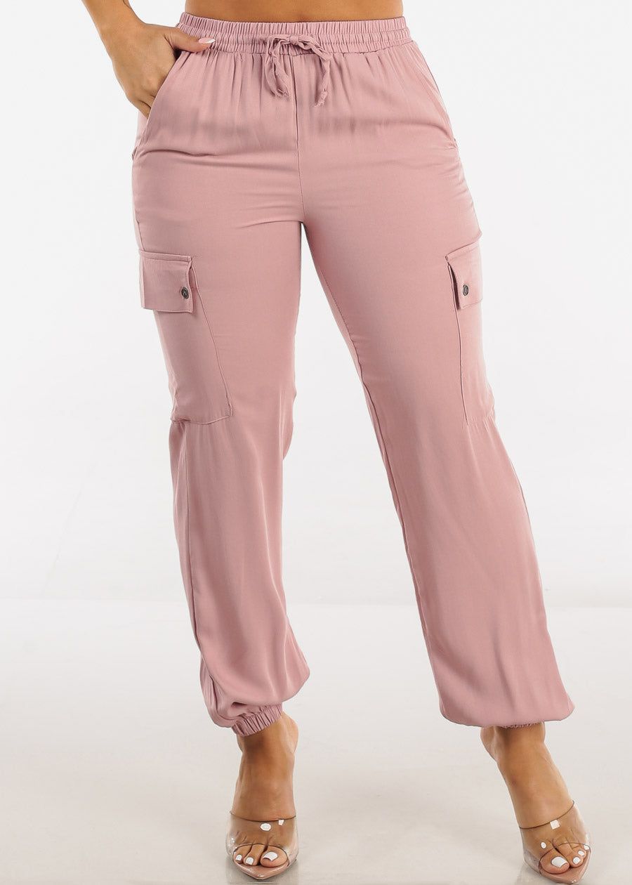 High Waist Drawstring Cargo Jogger Pants Mauve sold by Moda