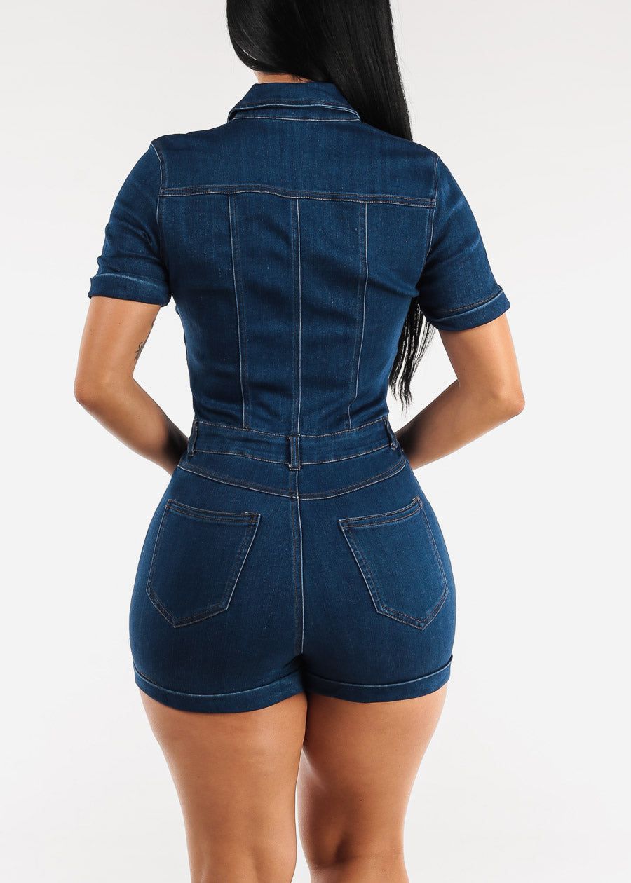 Short Sleeve Snap Button Up Collared Denim Romper Dark Blue sold by Moda product image thumbnail 4